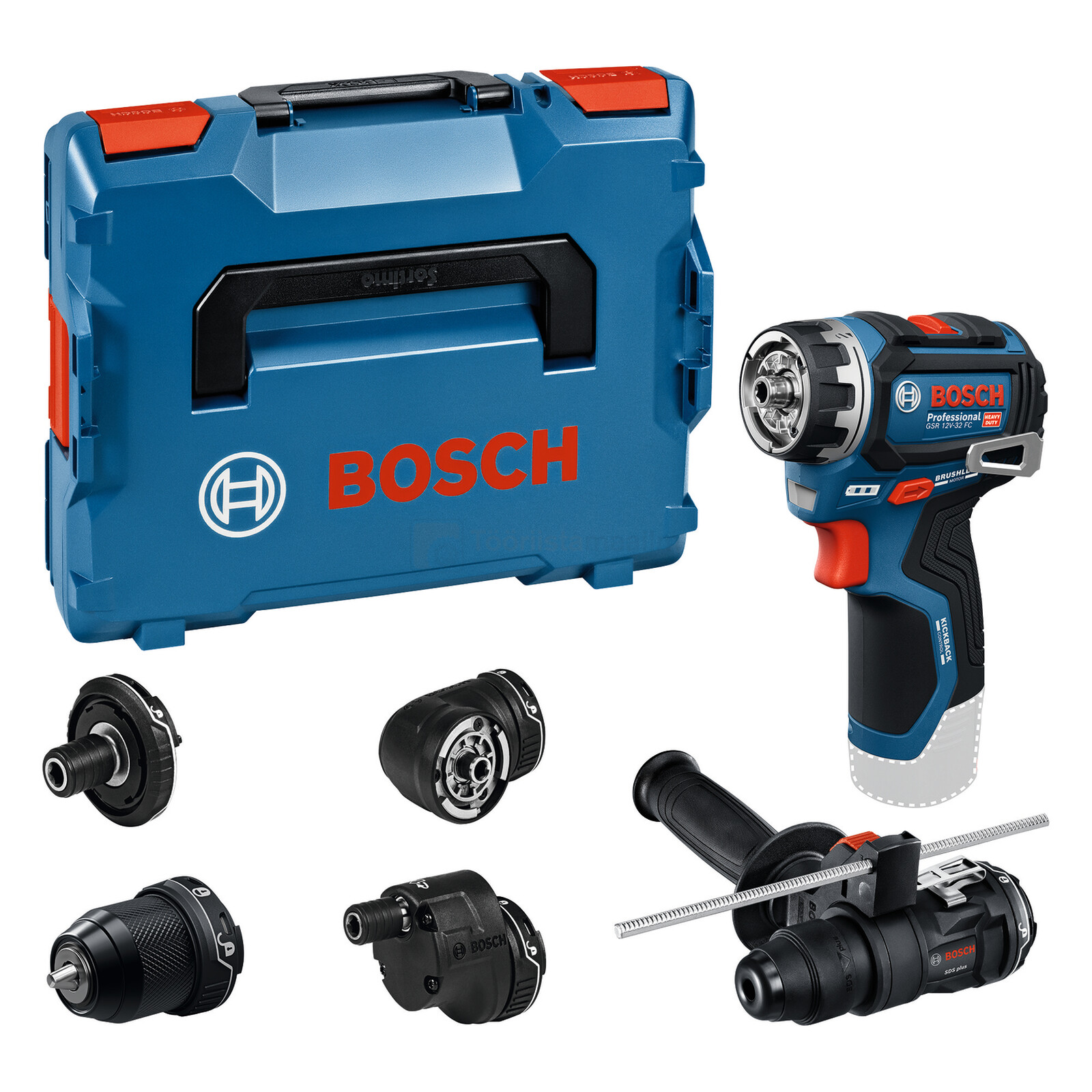 Pildil on näha Bosch akutrell-kruvikeeraja GSR 12V-32 FC koos viie erineva adapteriga, mis on paigutatud sinisesse hoiukasti.